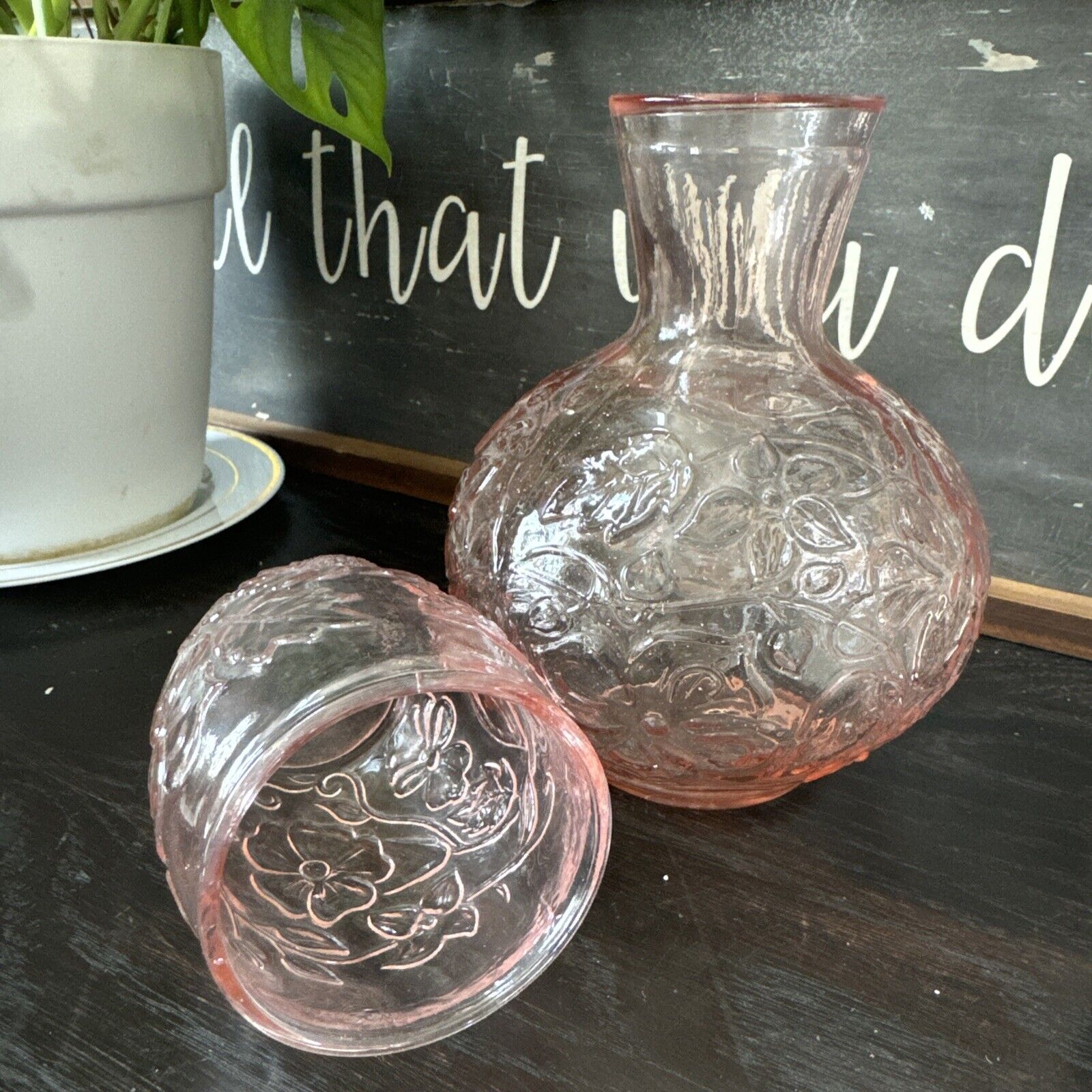 Vintage Floral Pink Glass Bedside Water Jug And Glass Personal Water Carafe