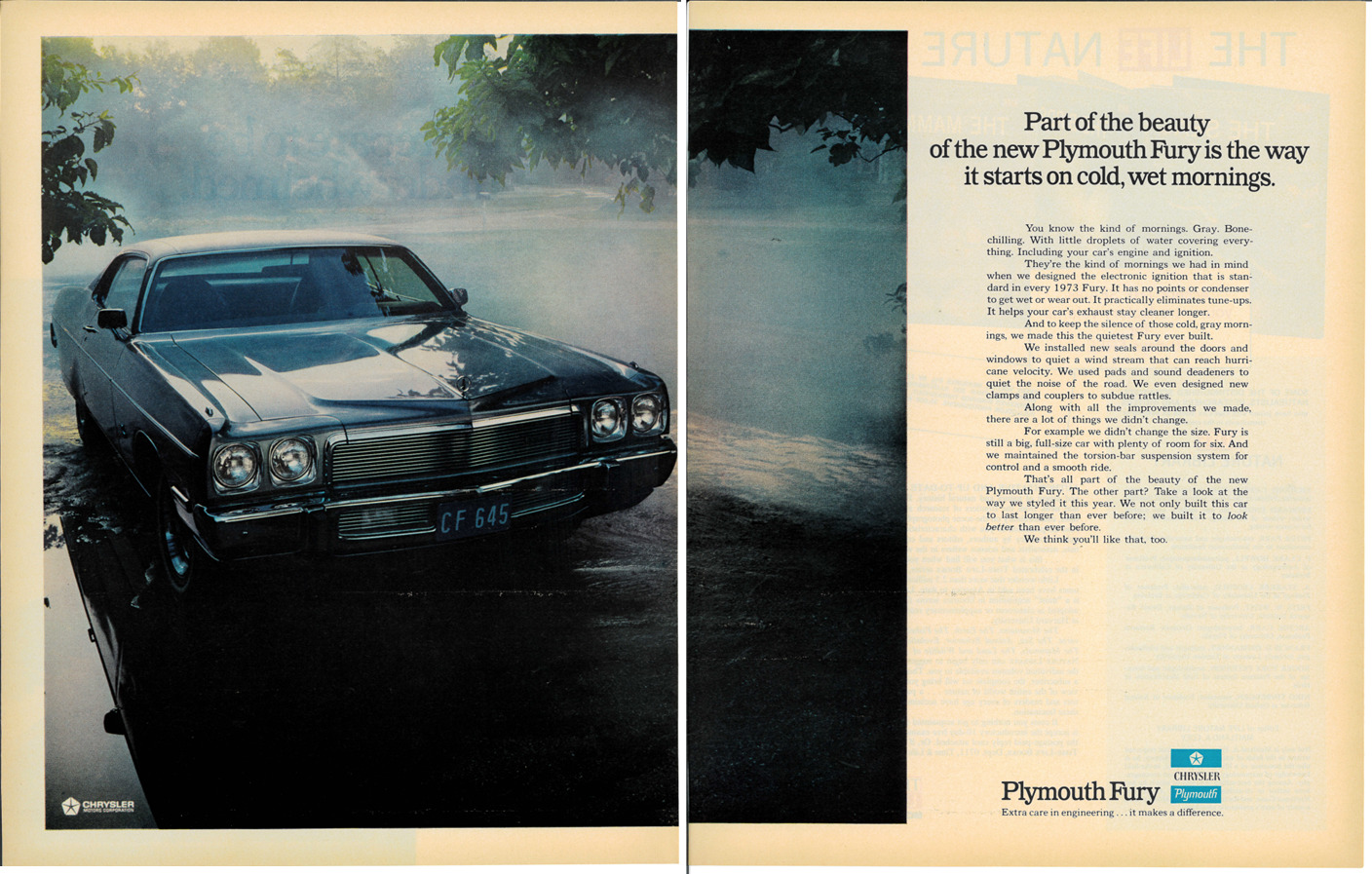 1972 \'73 PLYMOUTH FURY Automobile Car Motors Vintage Magazine 2 Page Print Ad
