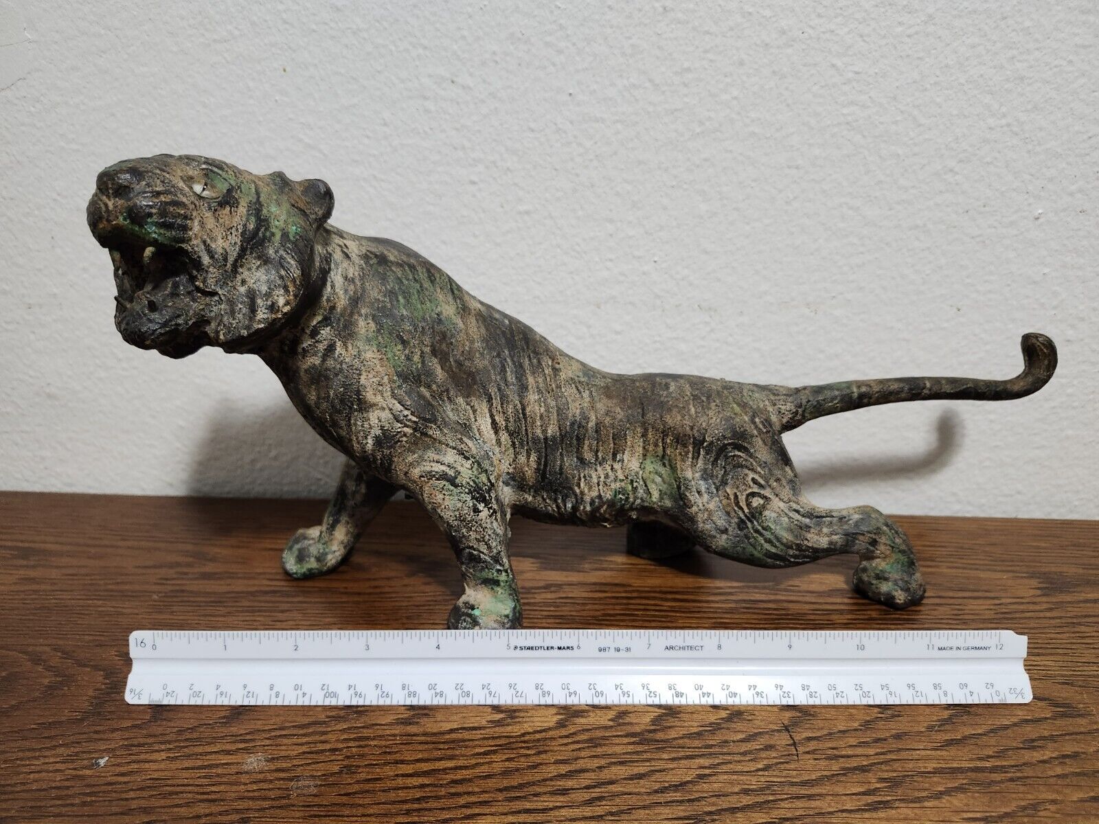 Antique Solid Iron Tiger Statue W/ Glass Eyes Pre War Japan All Original Patina 