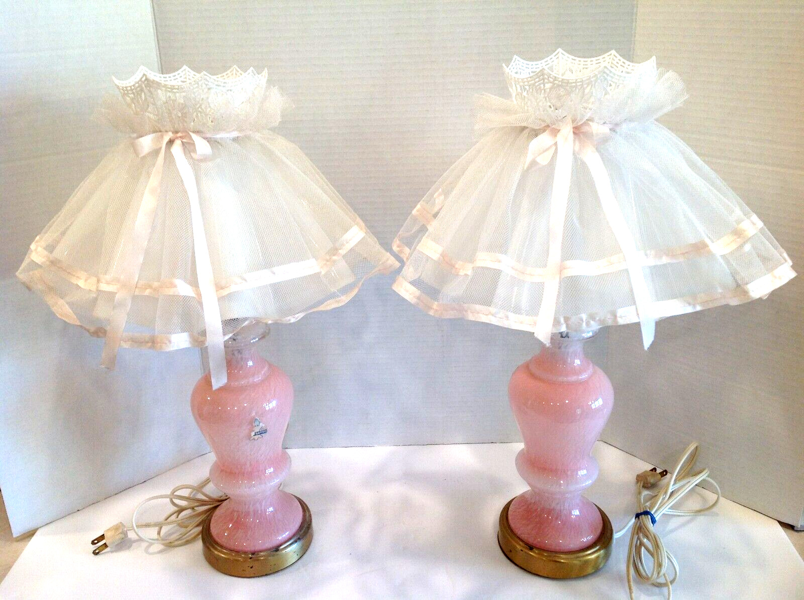 Vintage MCM French Art Glass Mottled Pink Murano Style Lamps with Shades