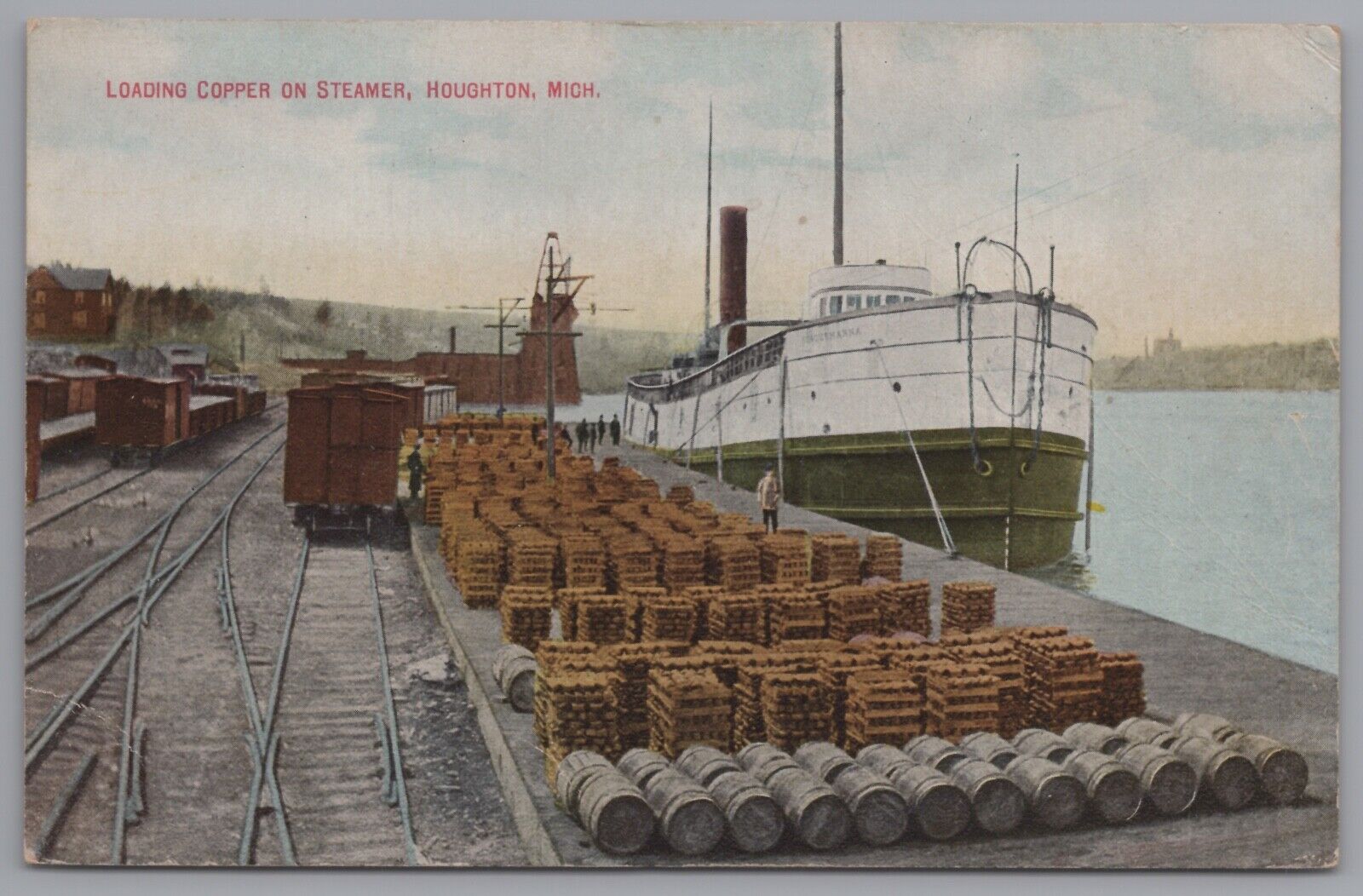 Postcard - Loading Copper on Steamer Houghton Michigan Railroad Steamship