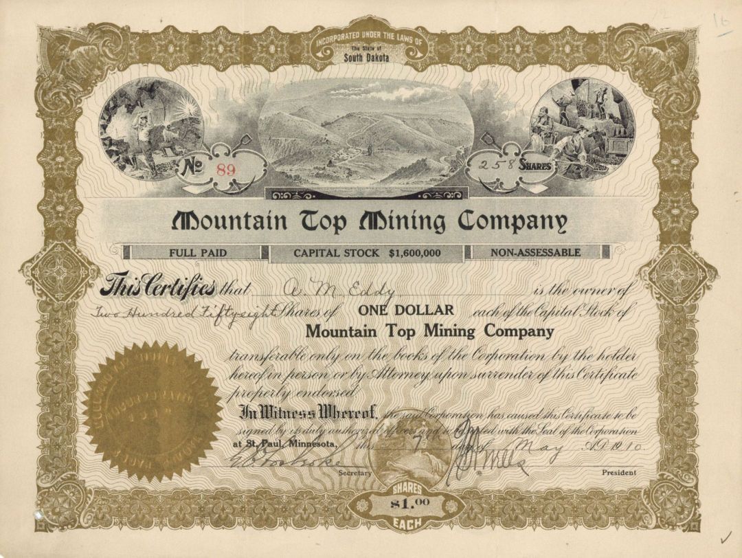 Mountain Top Mining Co. - 1910 Mining Stock Certificate - Mining Stocks