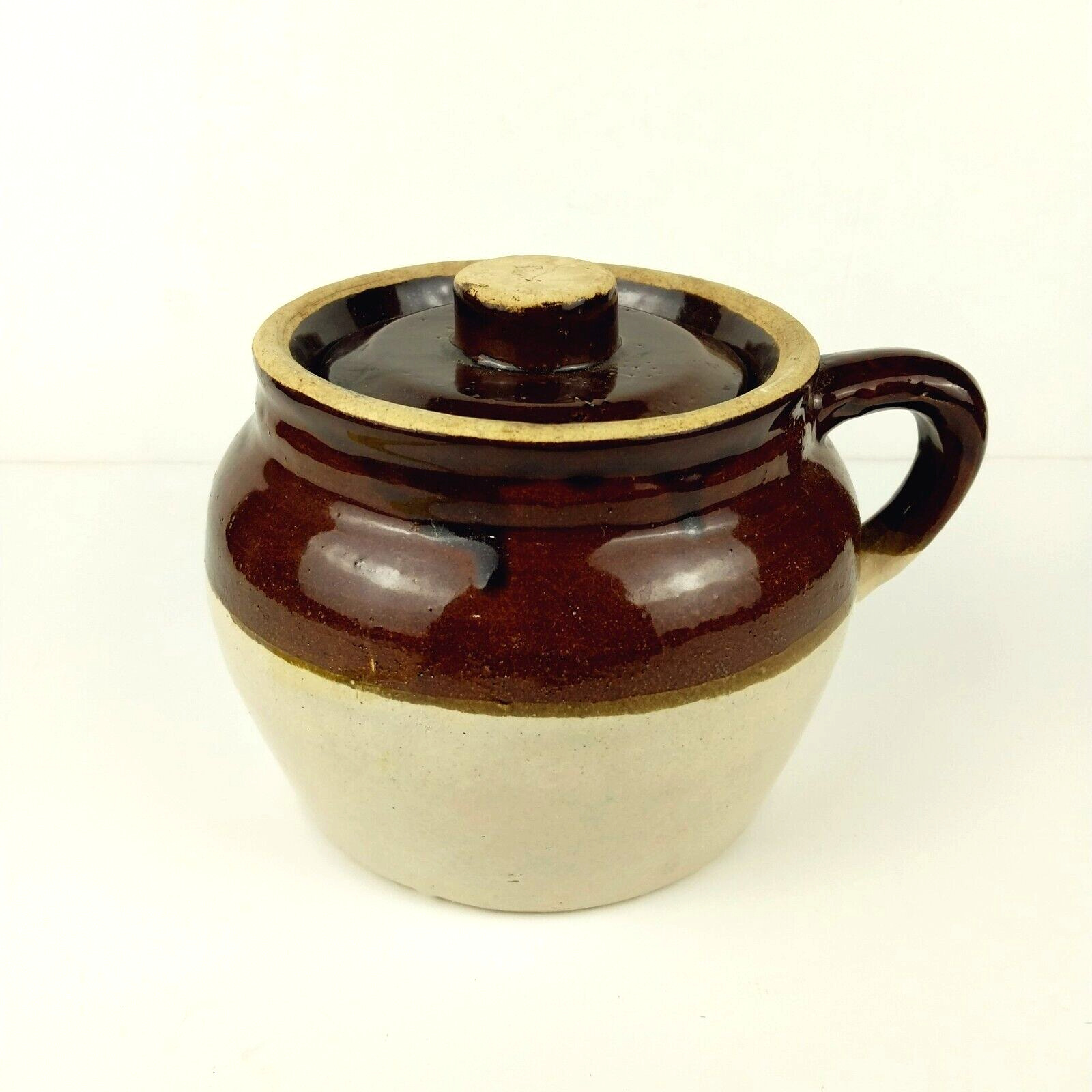 Vintage Brown Glaze Two-tone Stoneware Bean Pot Single Handle w/Lid Marked USA