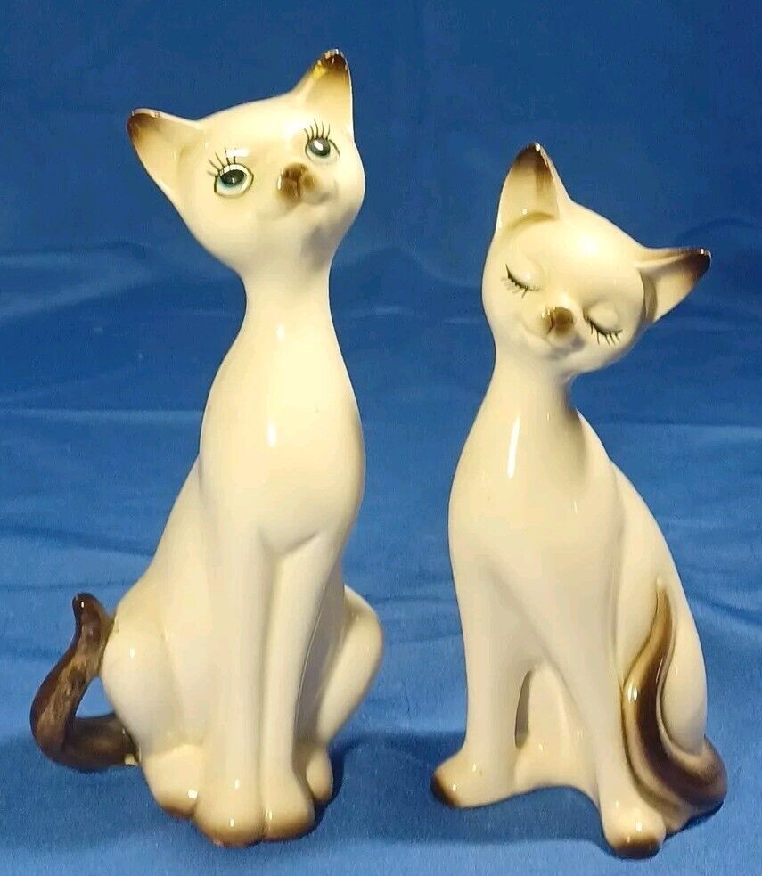 Vintage Pair Mid Century Japan Porcelain Siamese Cats Medium 
