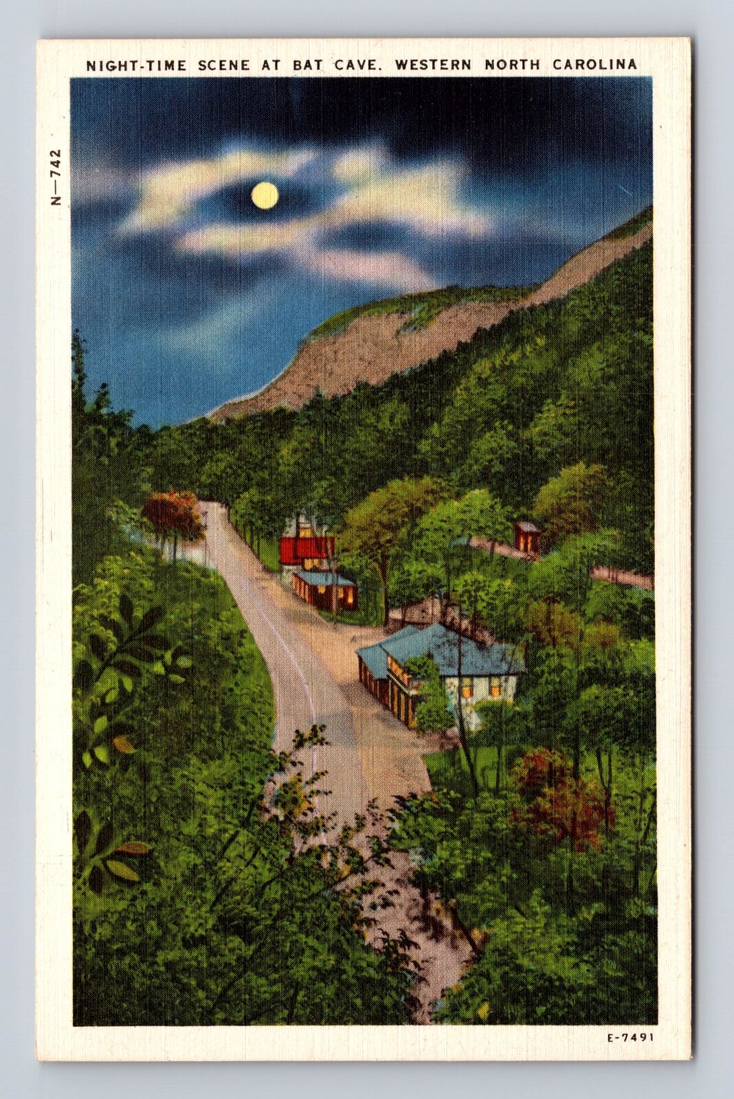 Bat Cave NC-North Carolina, Moonlight Scene, Western NC, Vintage Postcard