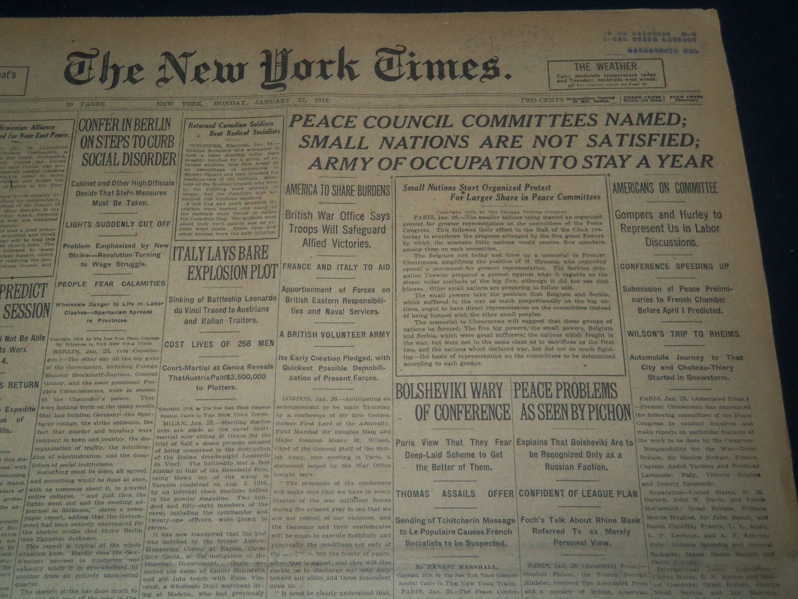 1919 JANUARY 27 NEW YORK TIMES - PEACE COUNCIL COMMITTEES NAMED - NT 7519