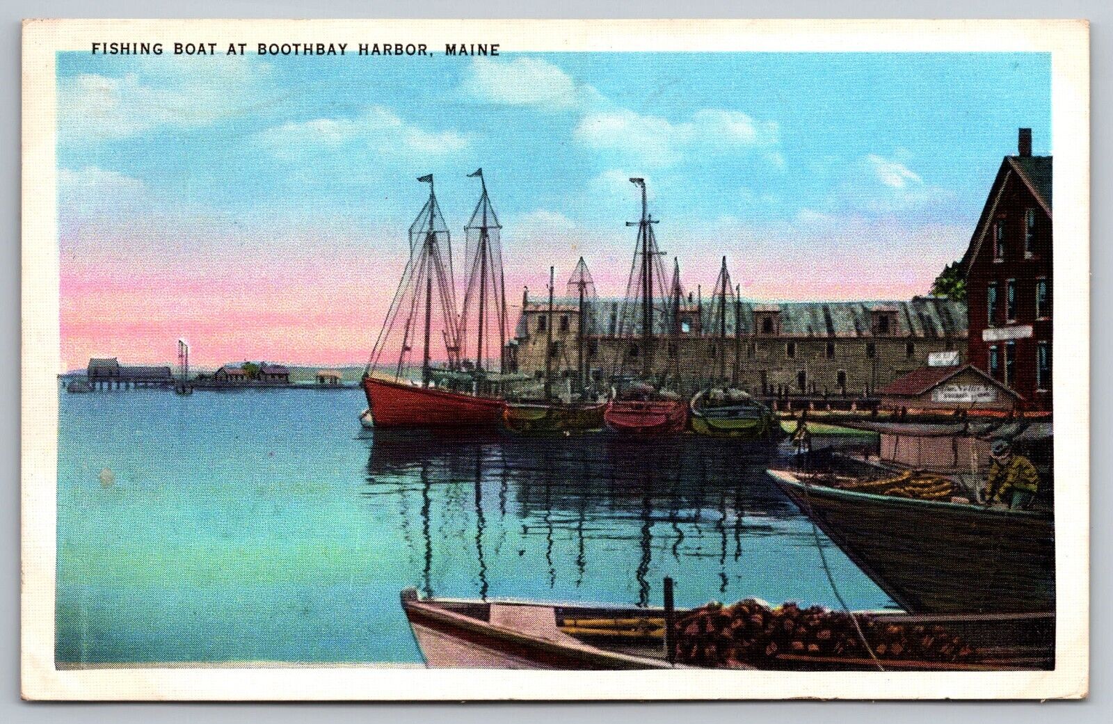 Fishing Boat at Boothbay Harbor, Maine. Vintage Postcard