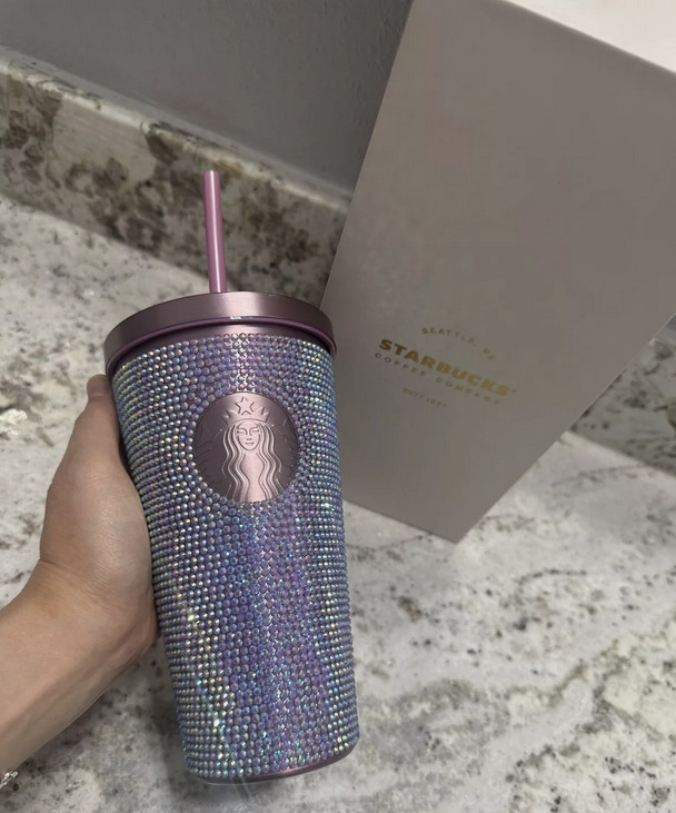 HOT STARBUCKS Pink Purple BLING Rhinestone Stainless Steel Cold Cup 16oz Tumbler