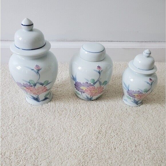 Vintage Trio of Japanese White and Pastel Floral Ginger Jars/Urns