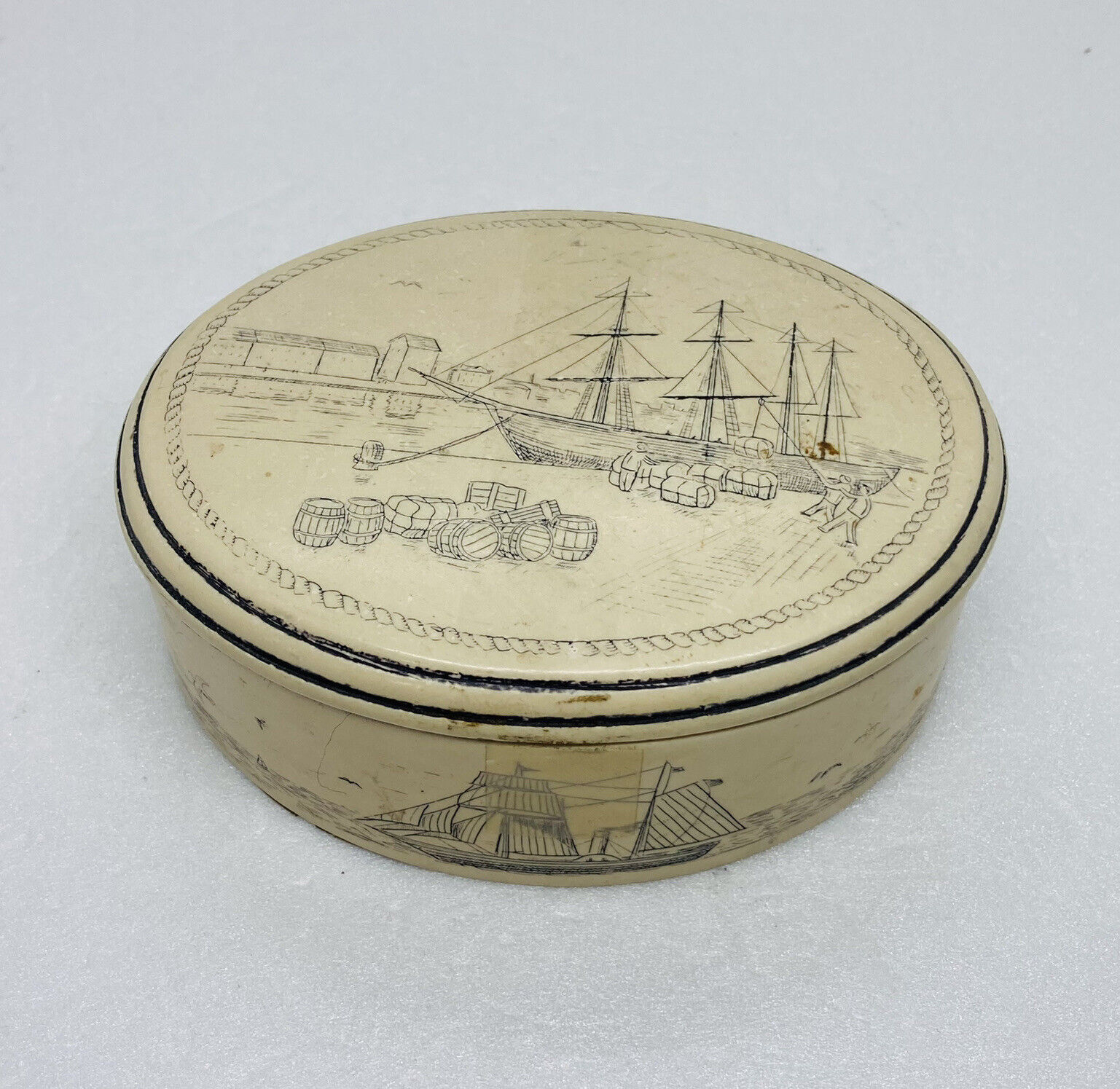 Rare 1920s Hand Etched Stone Trinket Box Cargo Shipping Sailboats Compass Art 10