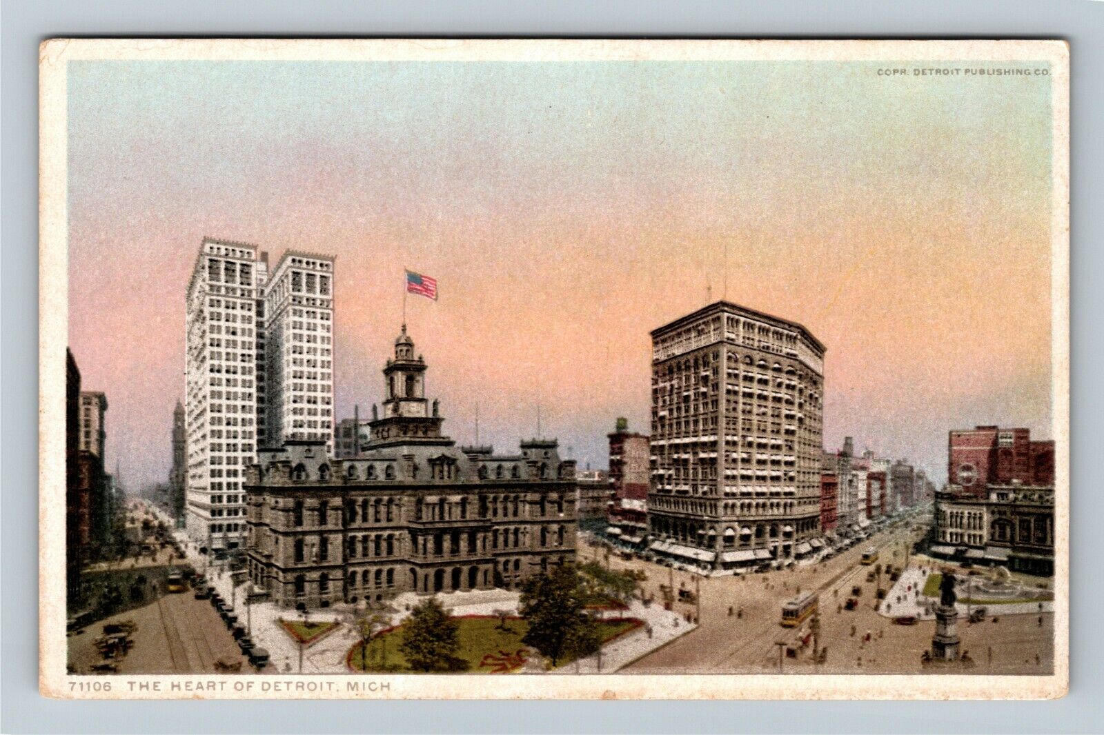 The Heart Of Detroit MI-Michigan Skyscrapers Busy Street Scene Vintage Postcard