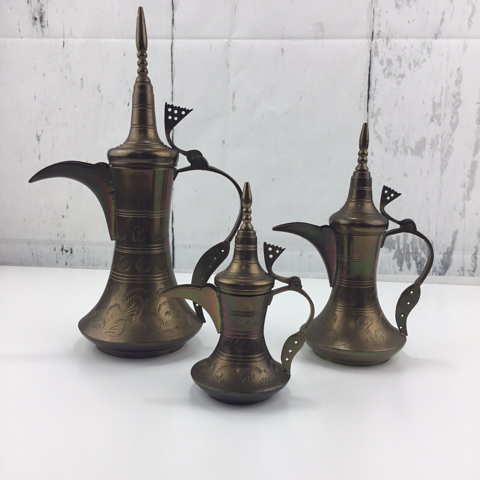 VTG Set 3 Brass Islamic Dallah Arabic Coffee Pots Middle Eastern India Signed 