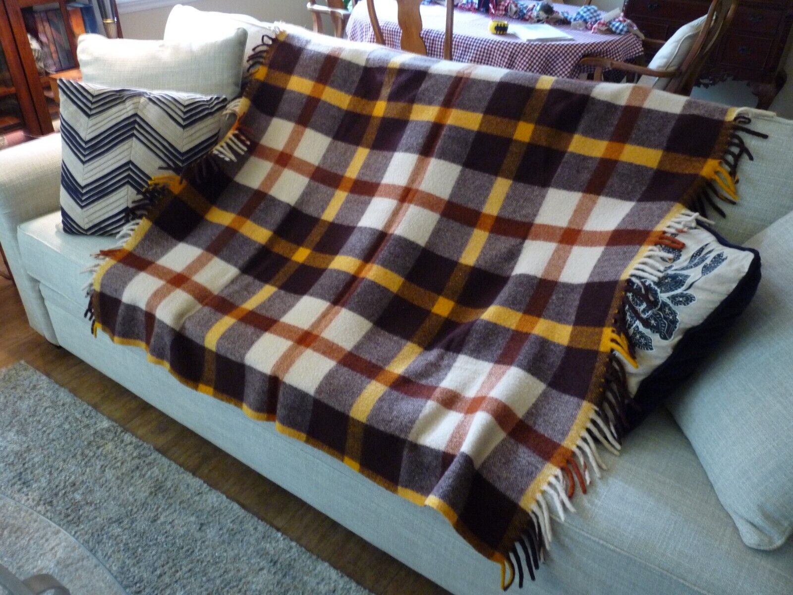 Vintage Wool o' the West Throw Blanket Fringed 100% Wool Browns Gold Ivory Plaid