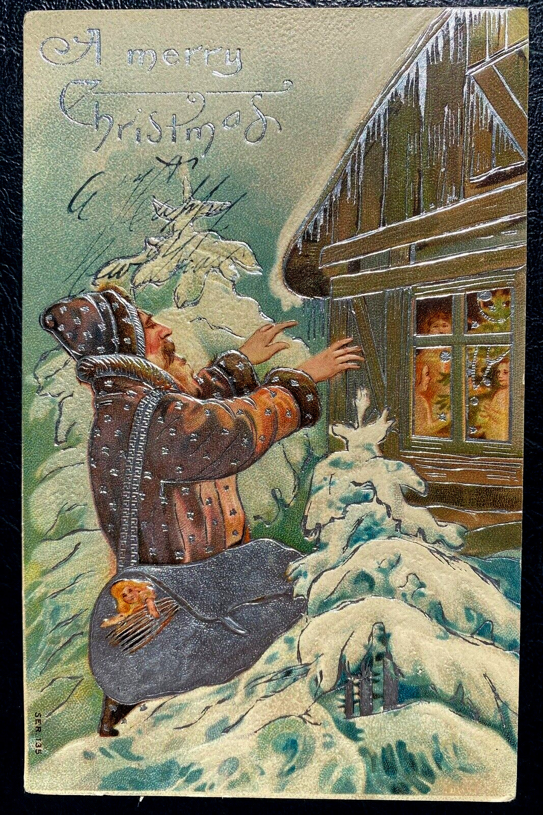 Fancy~Blue Robe Santa Claus at Window~Children~Antique~Christmas Postcard~k286