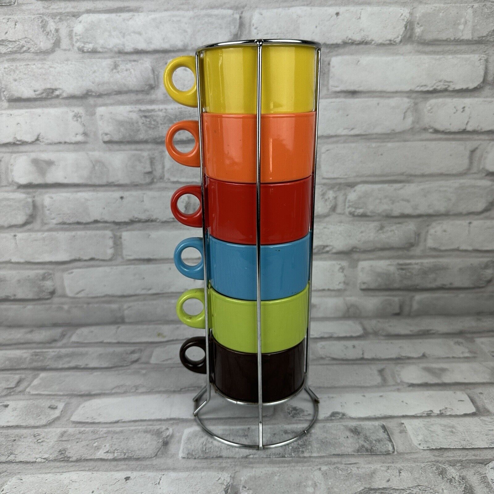 Pier 1 Pier One Stacked Rainbow Colorful Mugs Cups Set of 6 Wire Rack