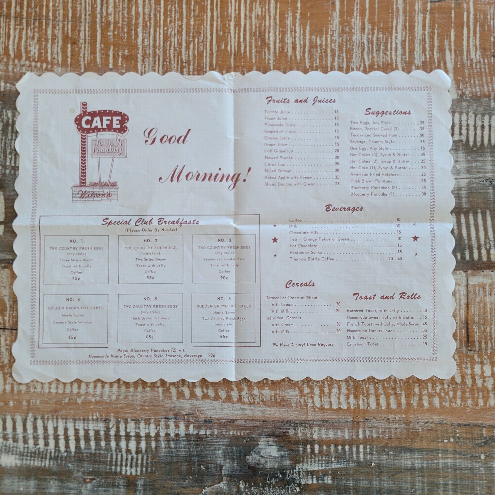 Vintage Wilson's Town N Country Cafe Placemat Menu Sioux Falls South Dakota 50s