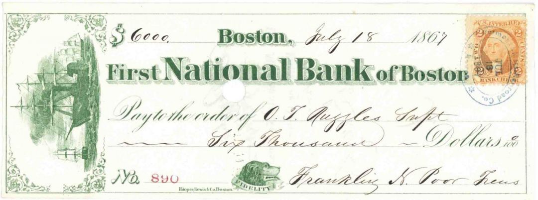First National Bank of Boston - signed by Franklin N. Poor - 1860's Check with U