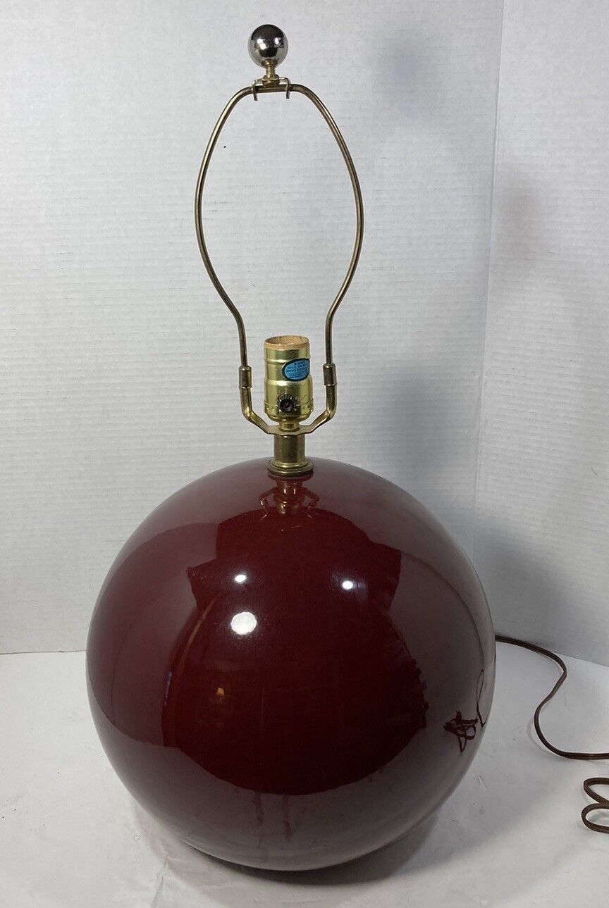 Vtg 80’s MCM Post Modern Minimalist 12” Round Ceramic Table Lamp-Burgundy Red