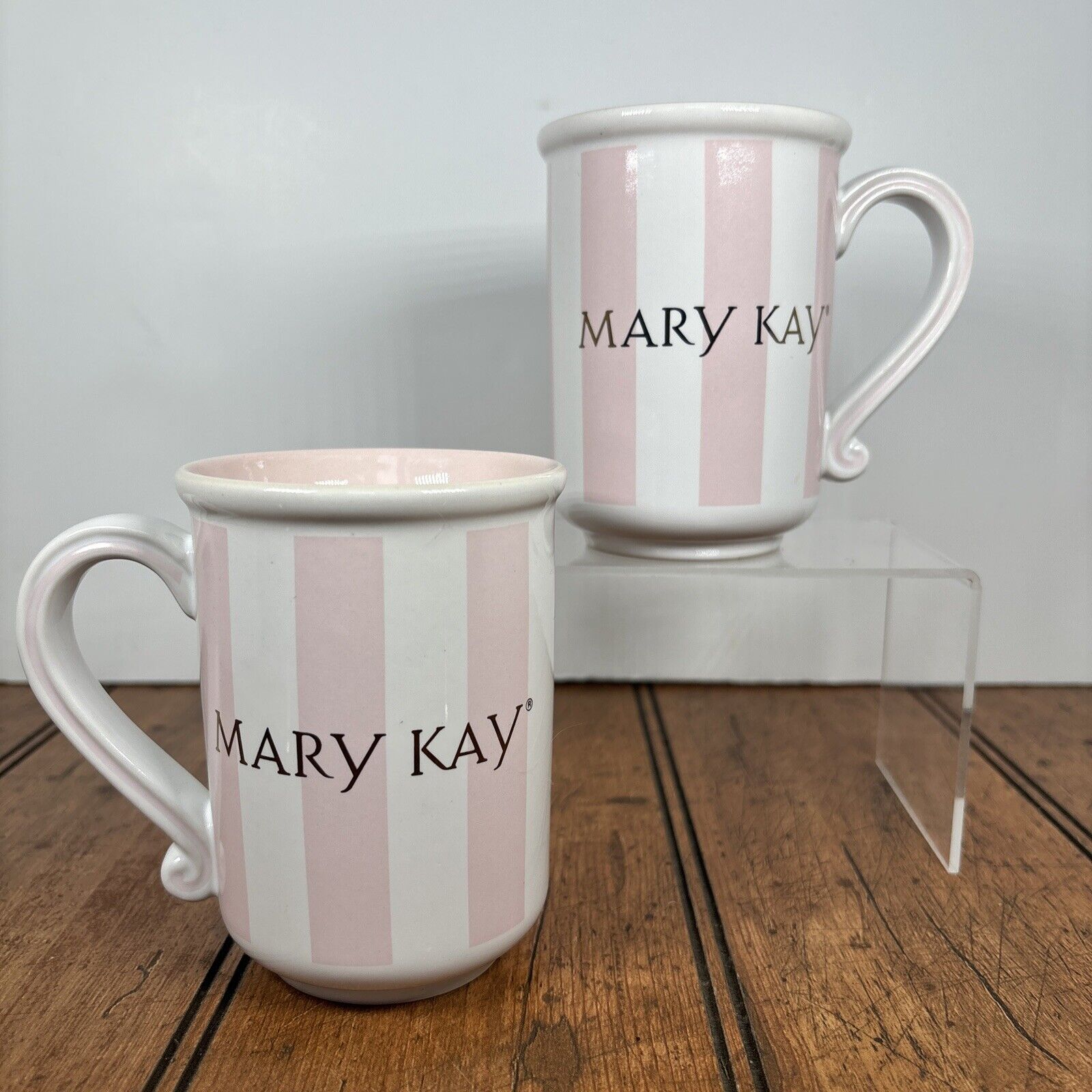 VTG 2 MARY KAY Coffee Mug Cup Pink & White Stripe, Gold Letters Pink In Handle