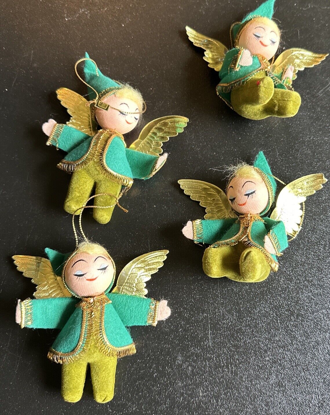 Vintage Napco Green Christmas Flocked Elf / Pixie, Angel lot of 4 Made In Japan