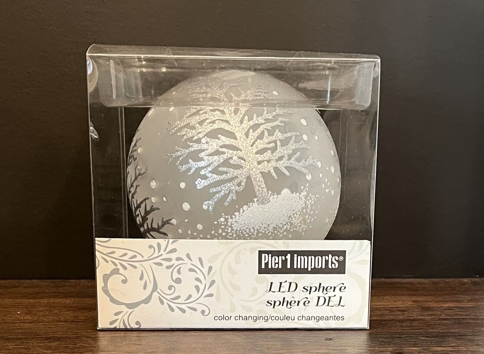 Pier 1 Imports LED Sphere Table Ornament Color Changing Frosted Tree Silhouette