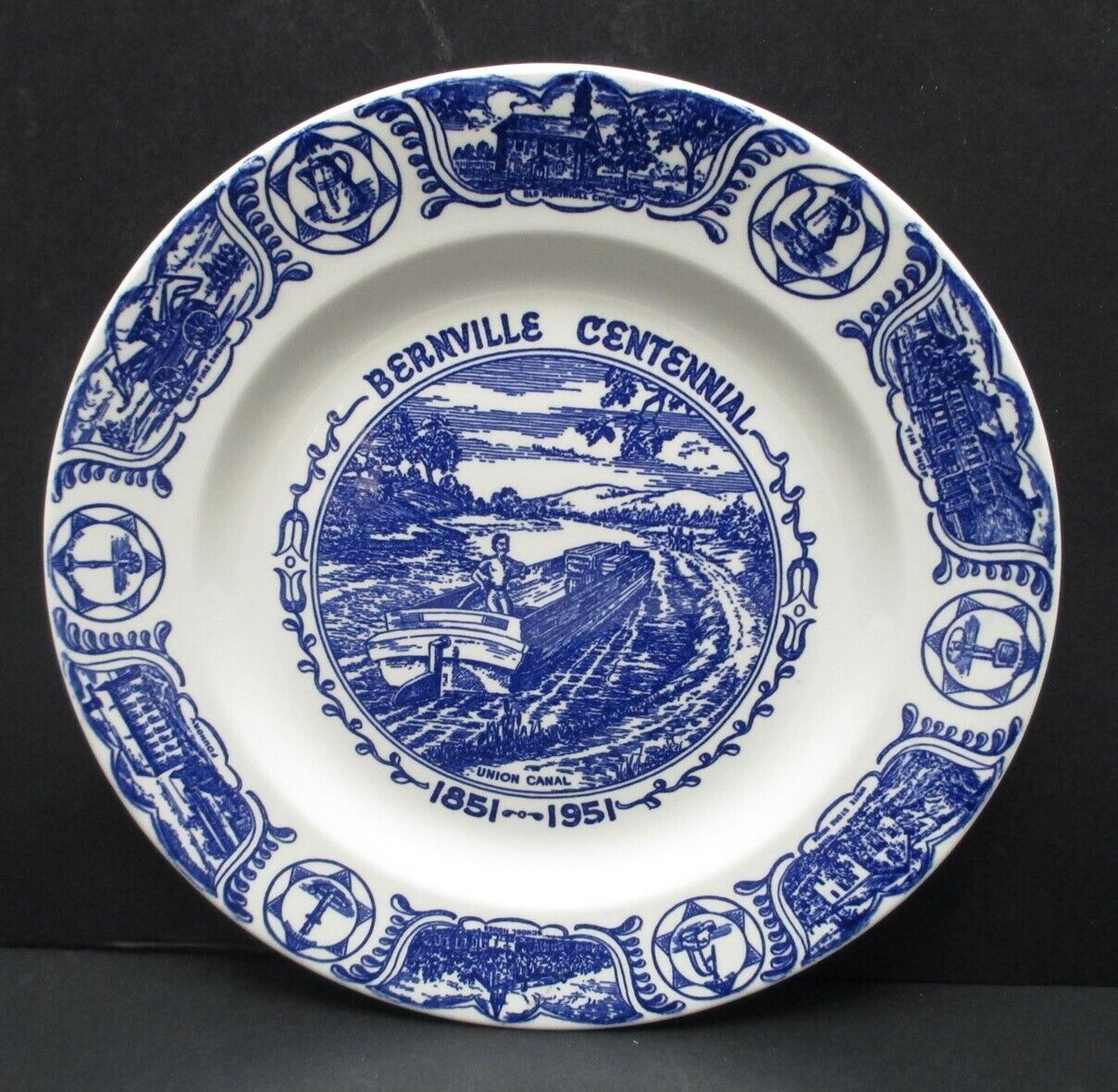 Vintage Bernville PA 1951 Centennial Plate Blue and White Kettlesprings Kilns 