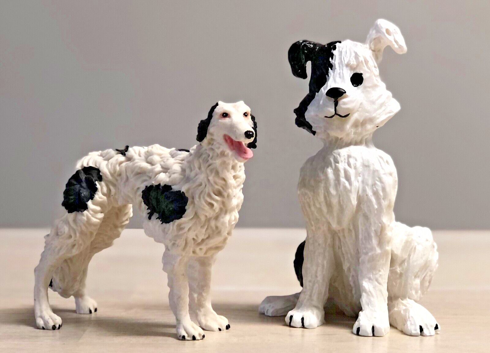 Black And White Sculpted Detail Borzoi And Jack Russel Dog Figurines Signed