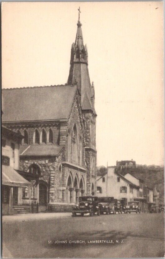 LAMBERTVILLE, New Jersey Postcard ST. JOHN'S CHURCH Building / Street View 1930s