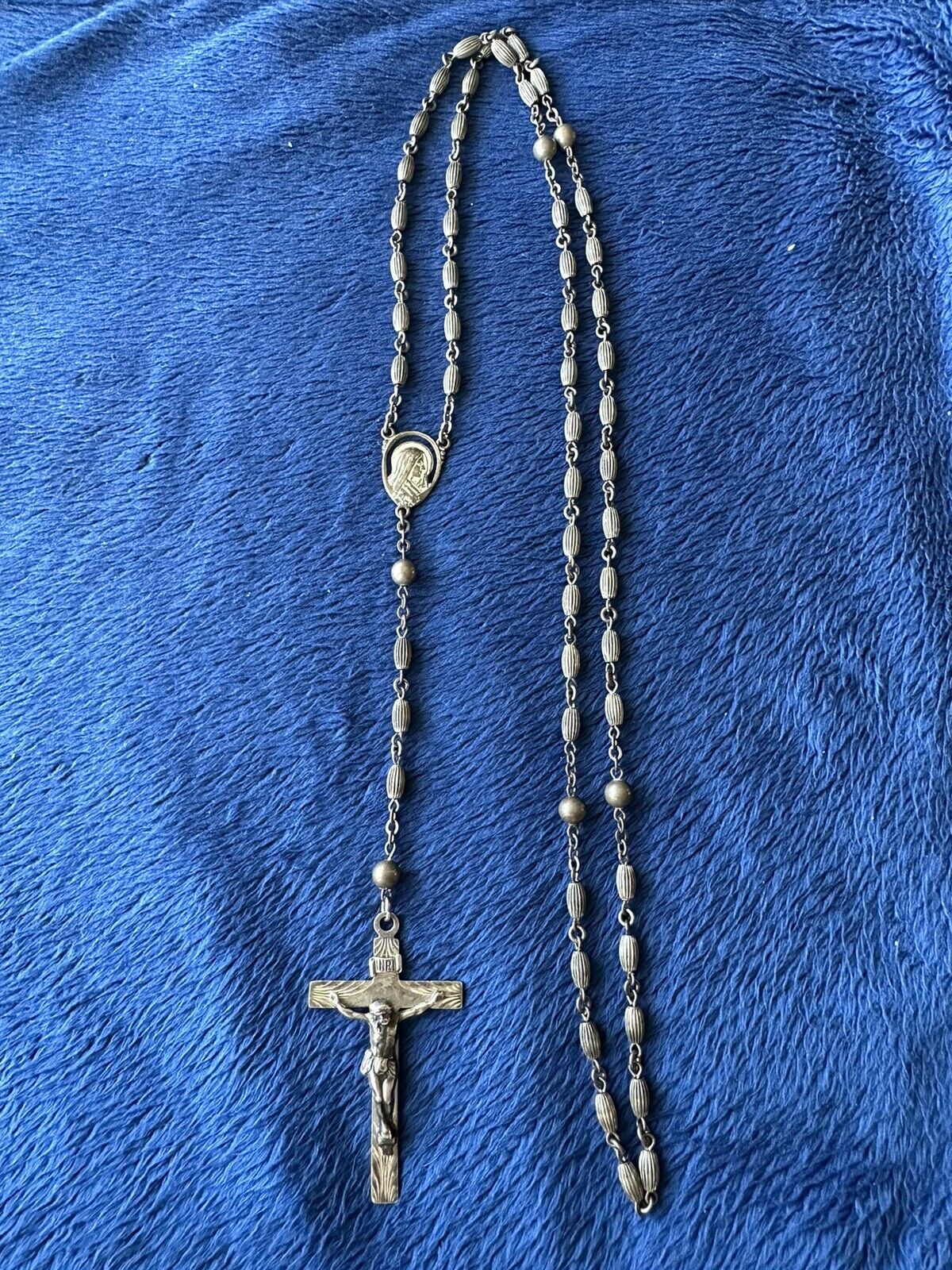 Vintage Deco Sterling Silver 925 Rosary Ribbed Beads 22” Long