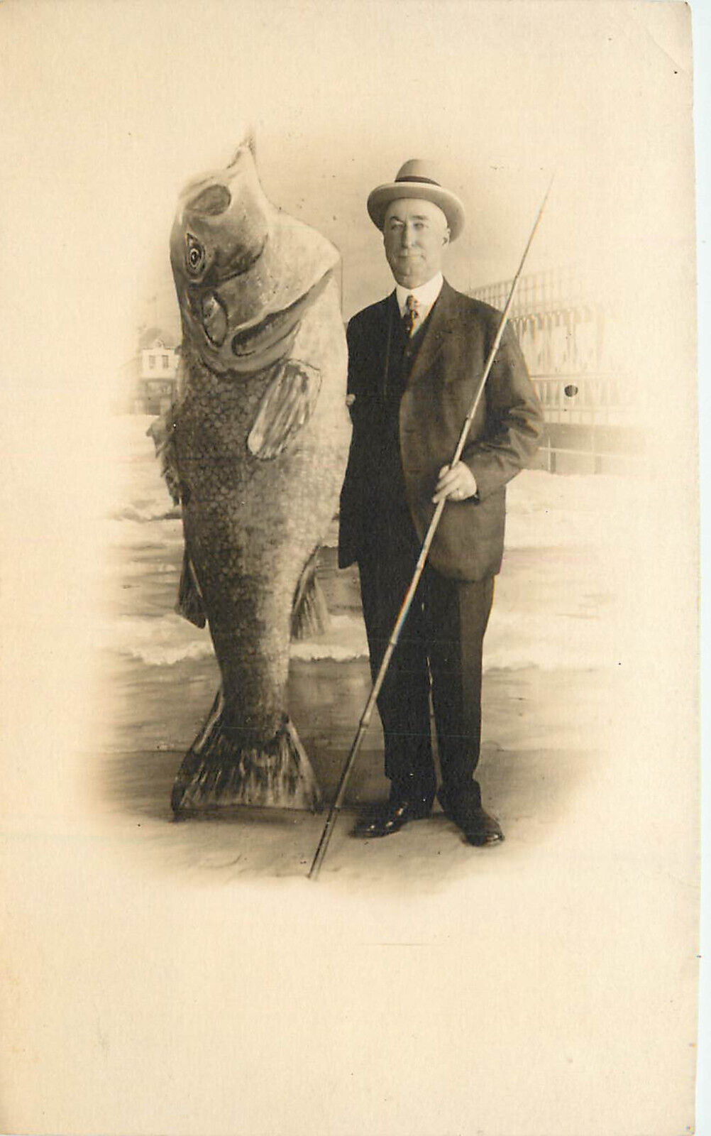 Studio Photo Postcard RPPC Man With Giant Fish Beach Front Fishing