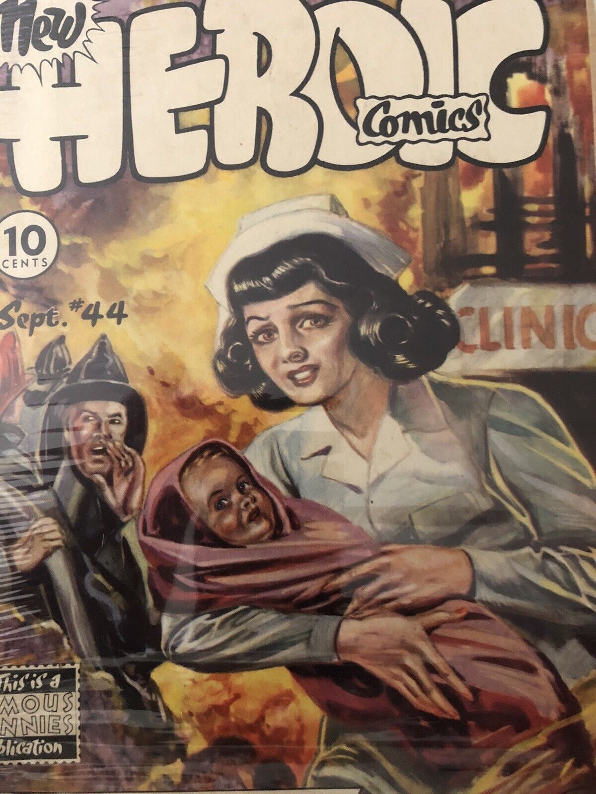 Heroic Comic Sept. #44. Nurse Saving A Baby And Firefighters Putting Fire Out.