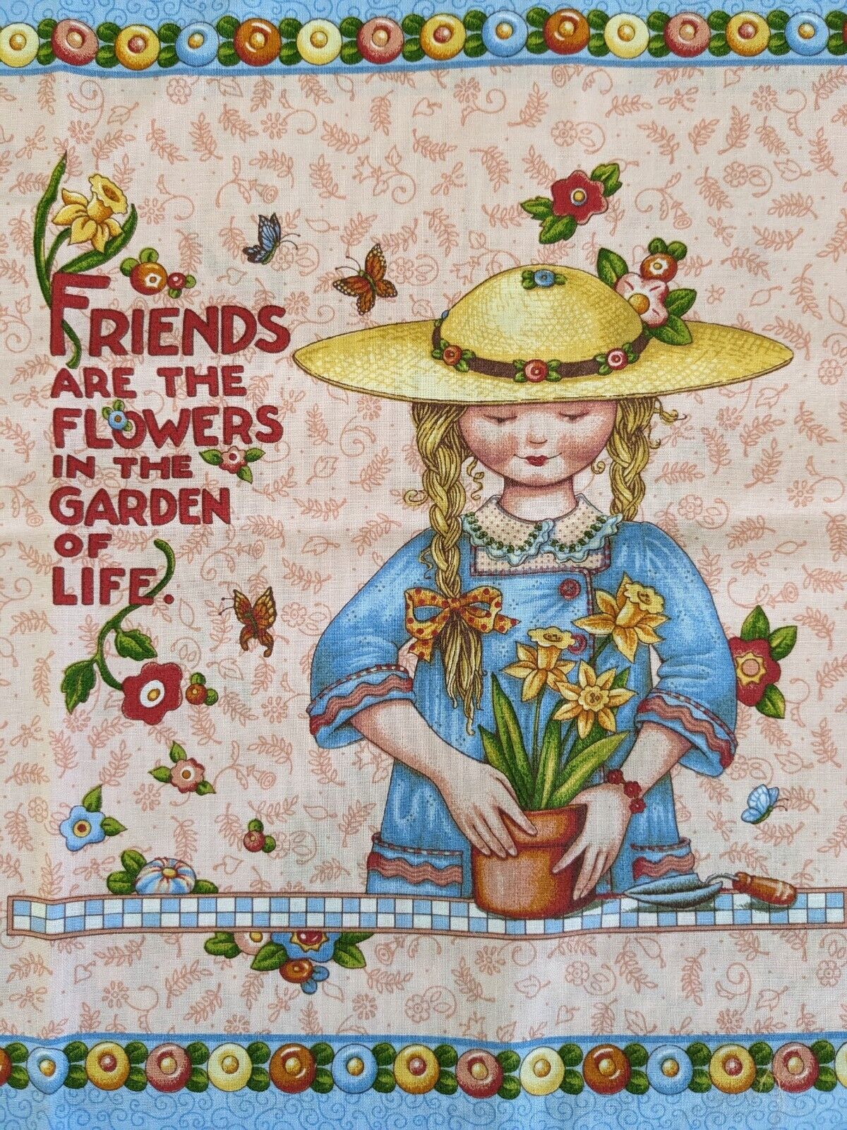 Vtg MARY ENGELBREIT Pillow Fabric Panels Friends Flowers Friendship Garden Life
