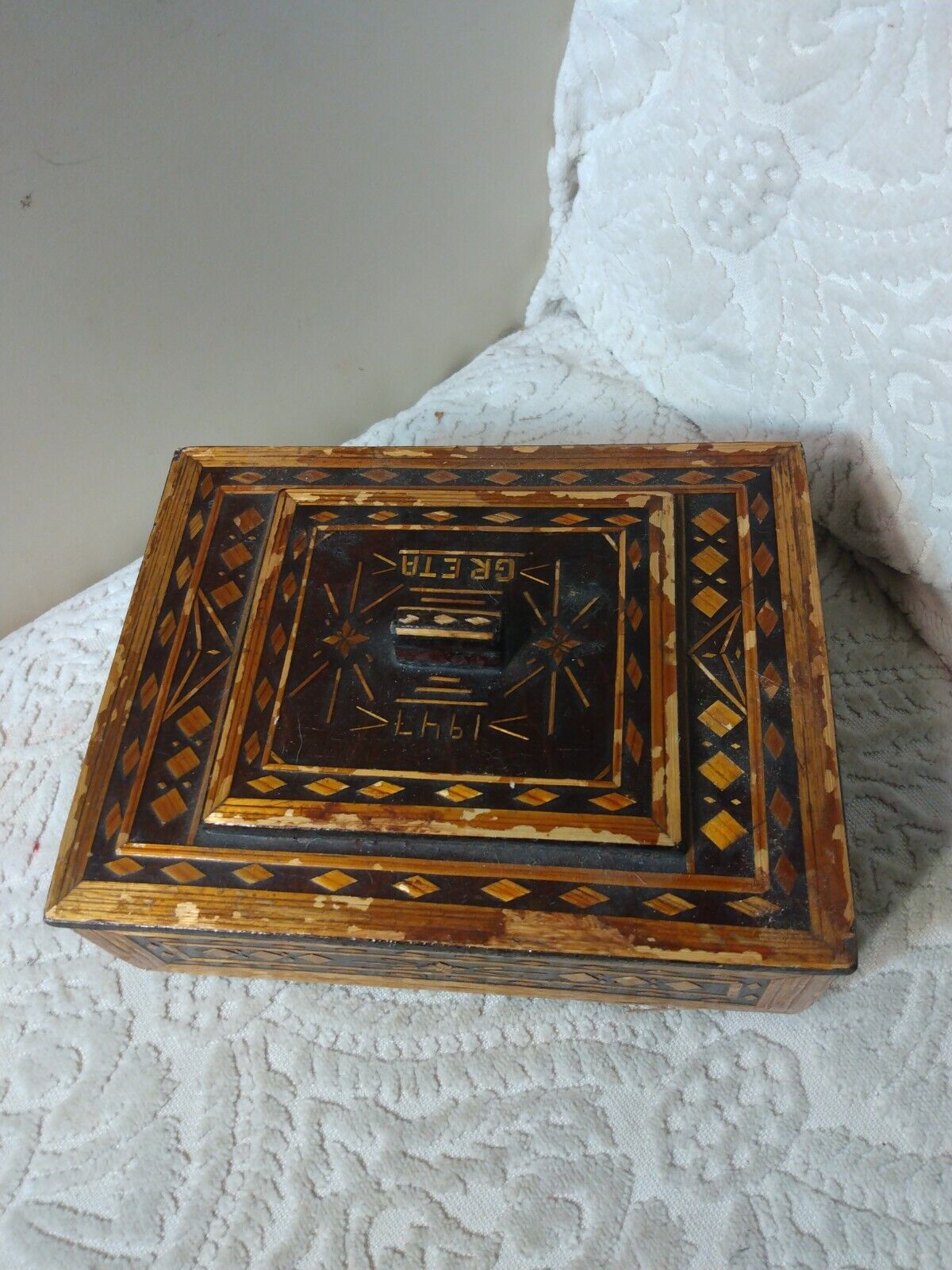 Vtg German Wood Keepsake Box Hand Made Charming Carved Greta 1947 All Orig