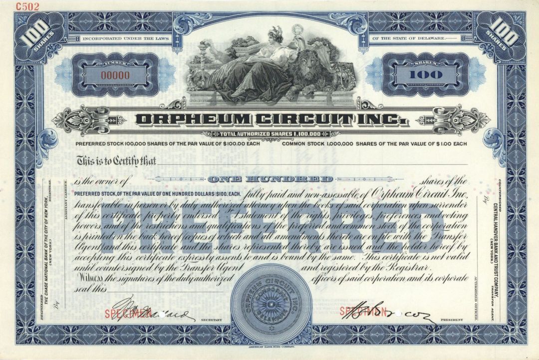Orpheum Circuit Inc. - Specimen Stock - Specimen Stocks & Bonds