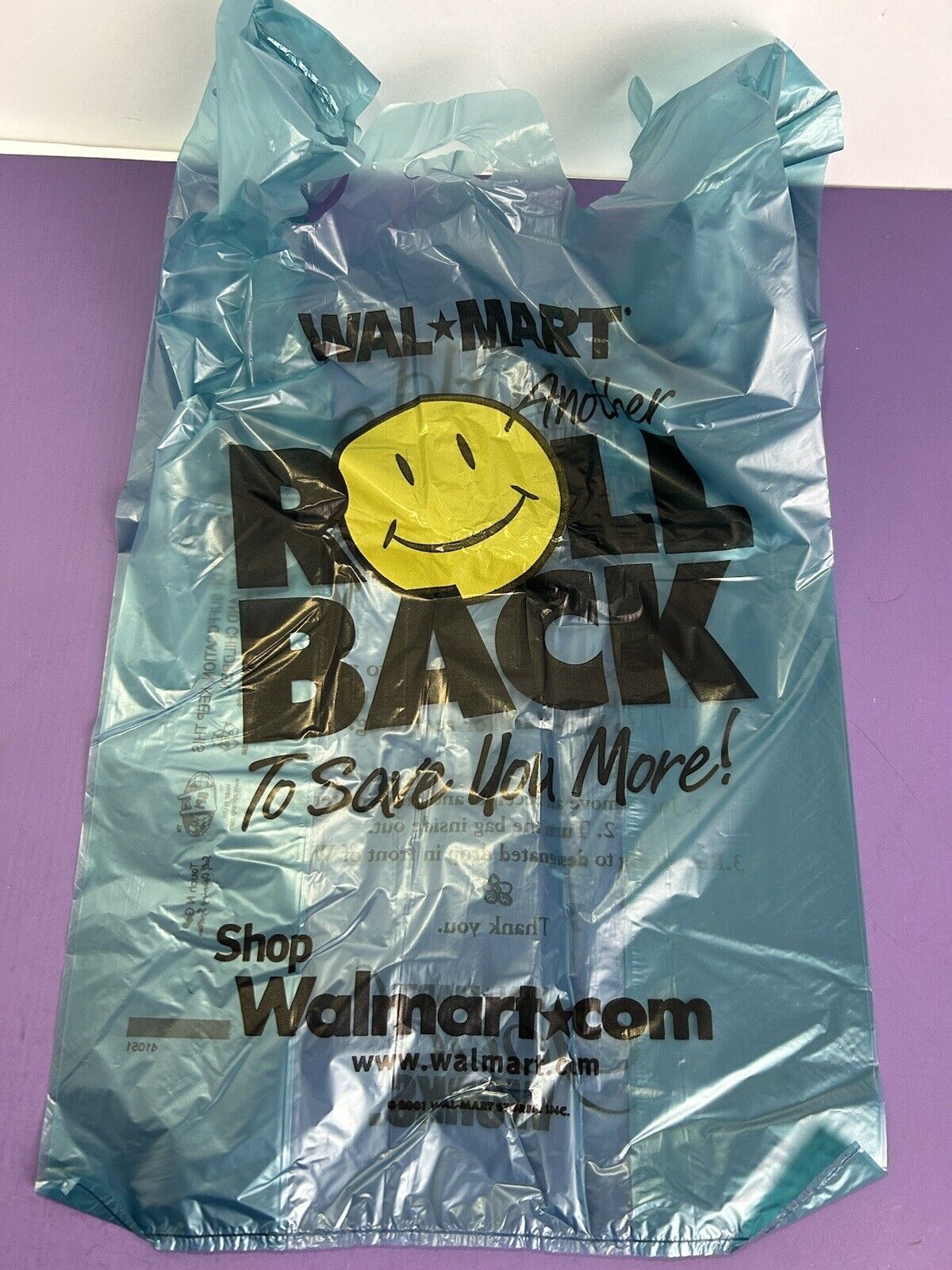 6 Vintage Walmart Blue over Sized Plastic Bags Roll Back Smiley Face 2001 RARE