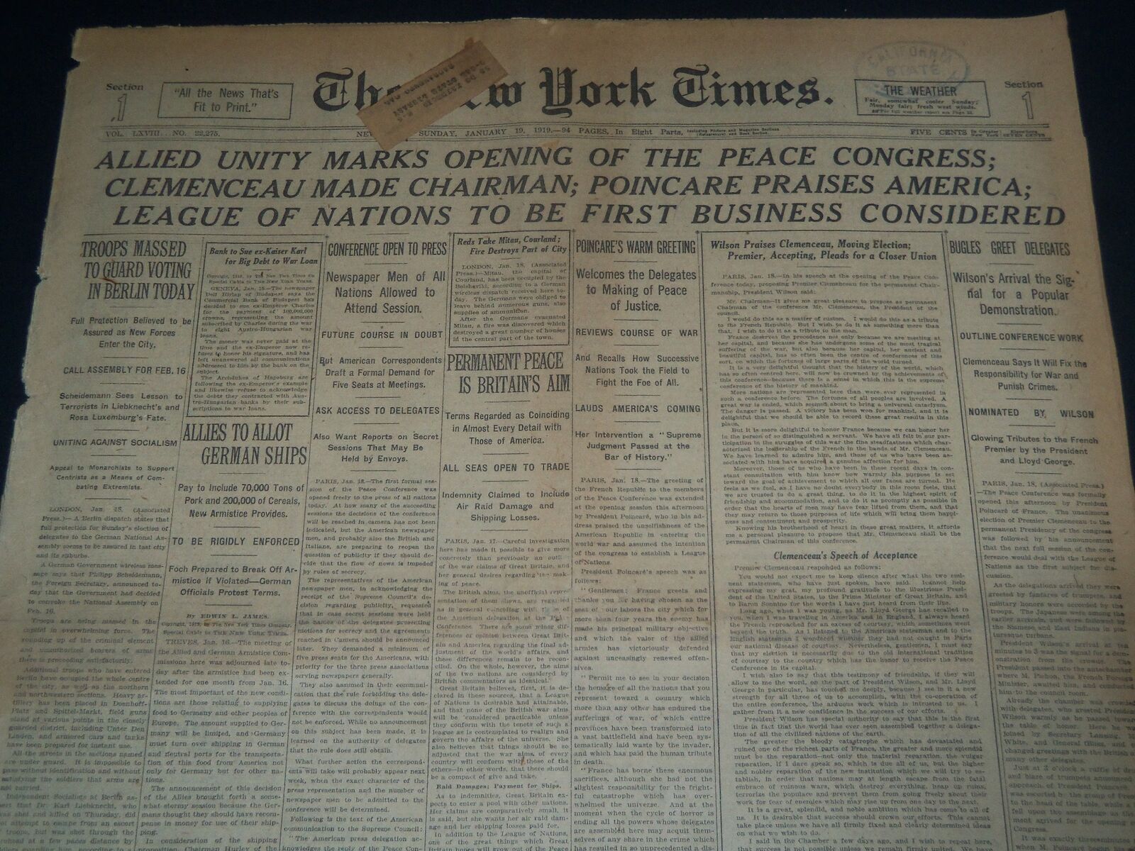 1919 JANUARY 19 NEW YORK TIMES - ALLIED UNITY MARKS OPENING OF PEACE - NT 7513