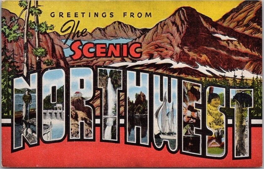 SCENIC NORTHWEST Large Letter Postcard Multi-View OR / WA - Kropp Linen c1940s