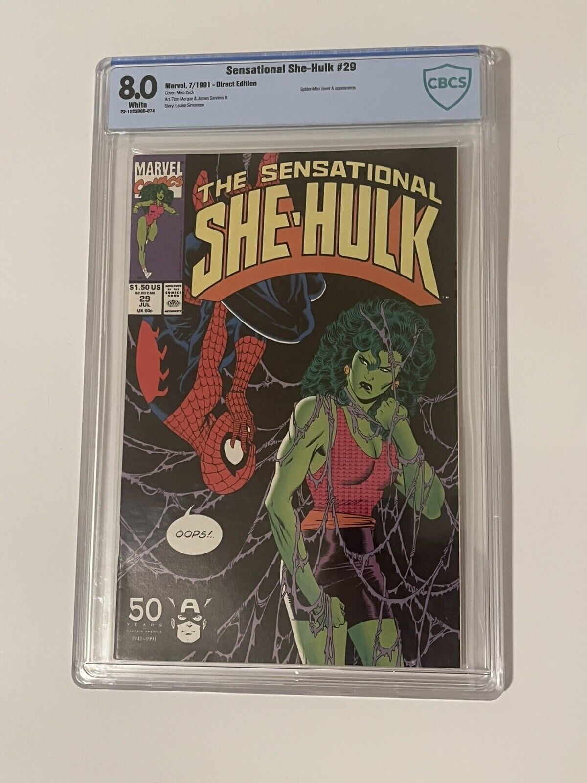 Sensational She-Hulk 29 CBCS 8 Marvel 1991 WHITE pgs Spiderman cover TV show NM