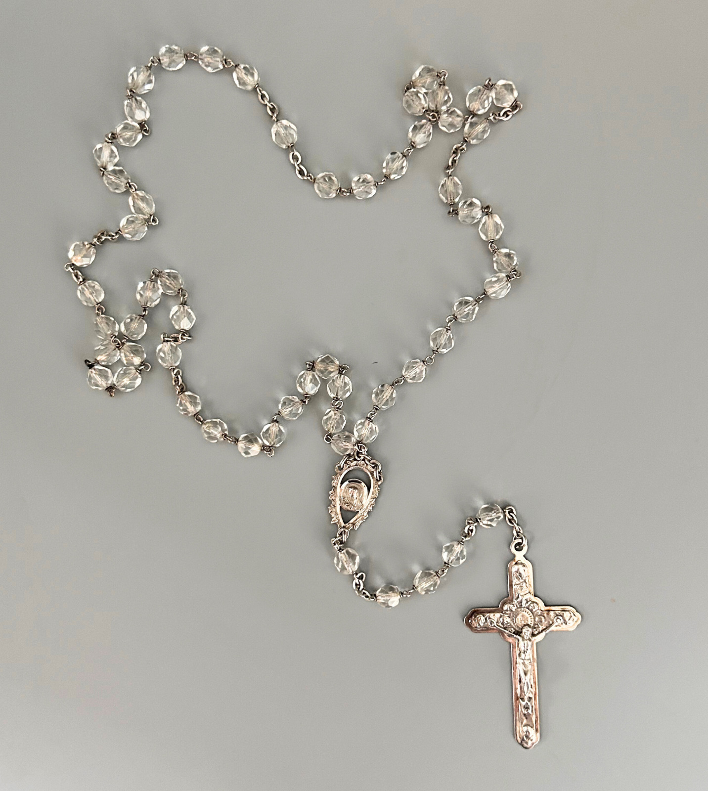 VINTAGE STERLING SILVER CRYSTAL BEAD CATHOLIC ROSARY from Italy 21” 36G