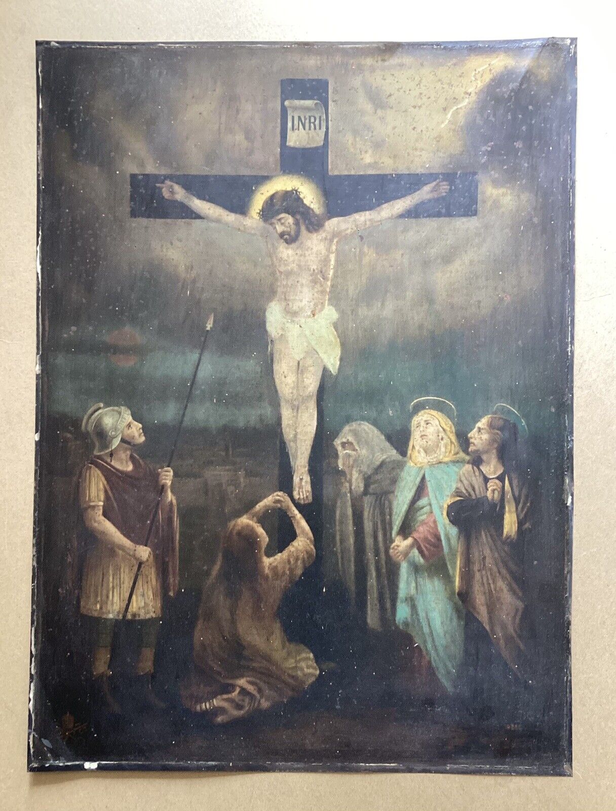 Antique After Carlo Del Tufo, The Crucifixion of Christ, Repro. Painting on Tin
