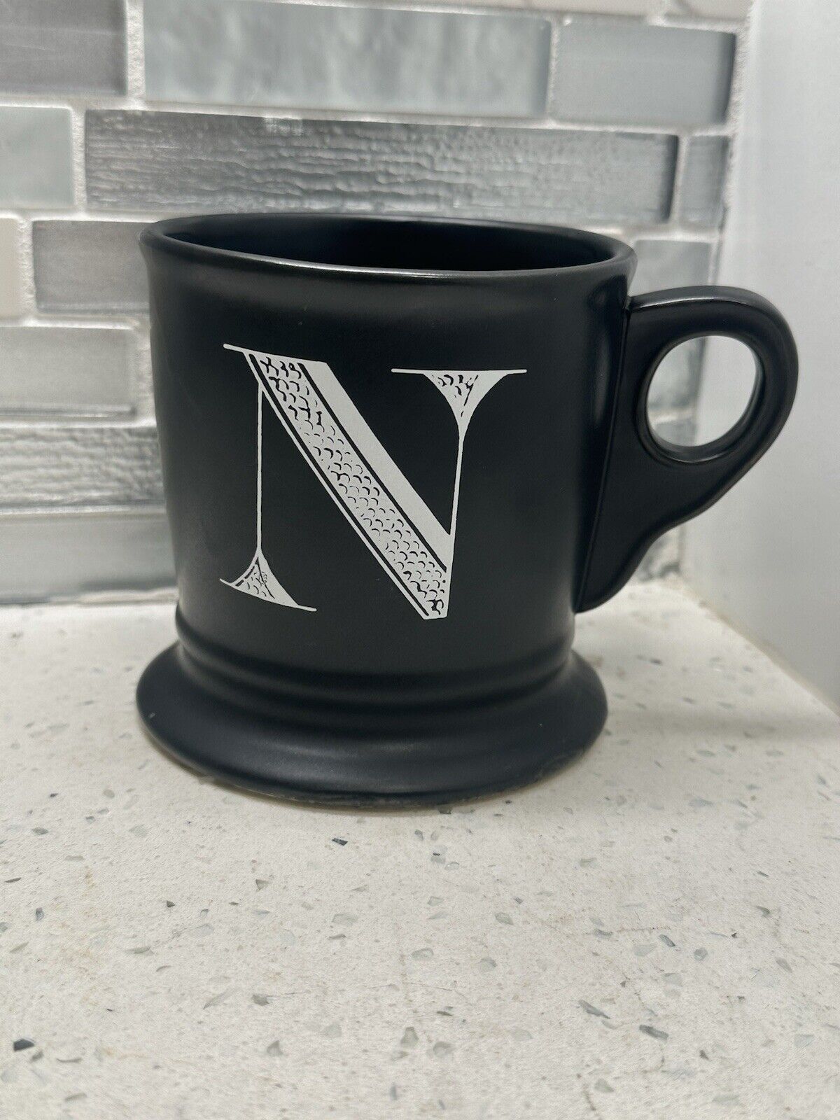 Anthropologie Monogram Retro Coffee Mug Letter N Black Shave Style Cup