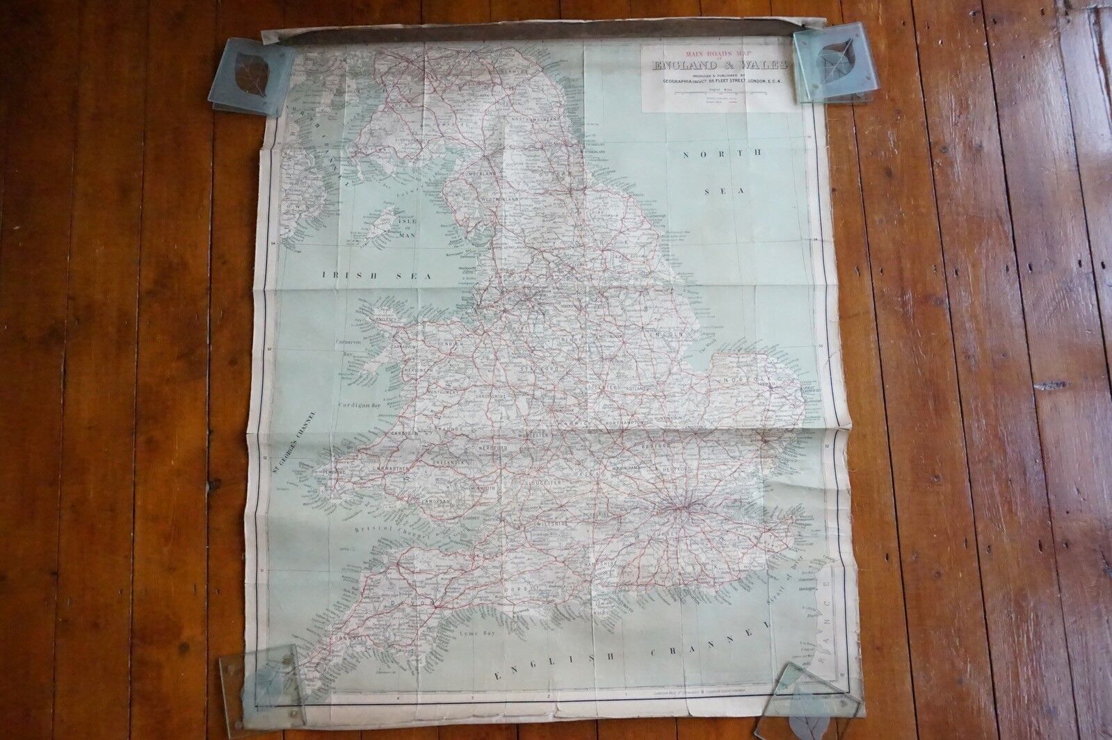 1923 Geographia Main Roads of England & Wales Station Railway Linen Map 