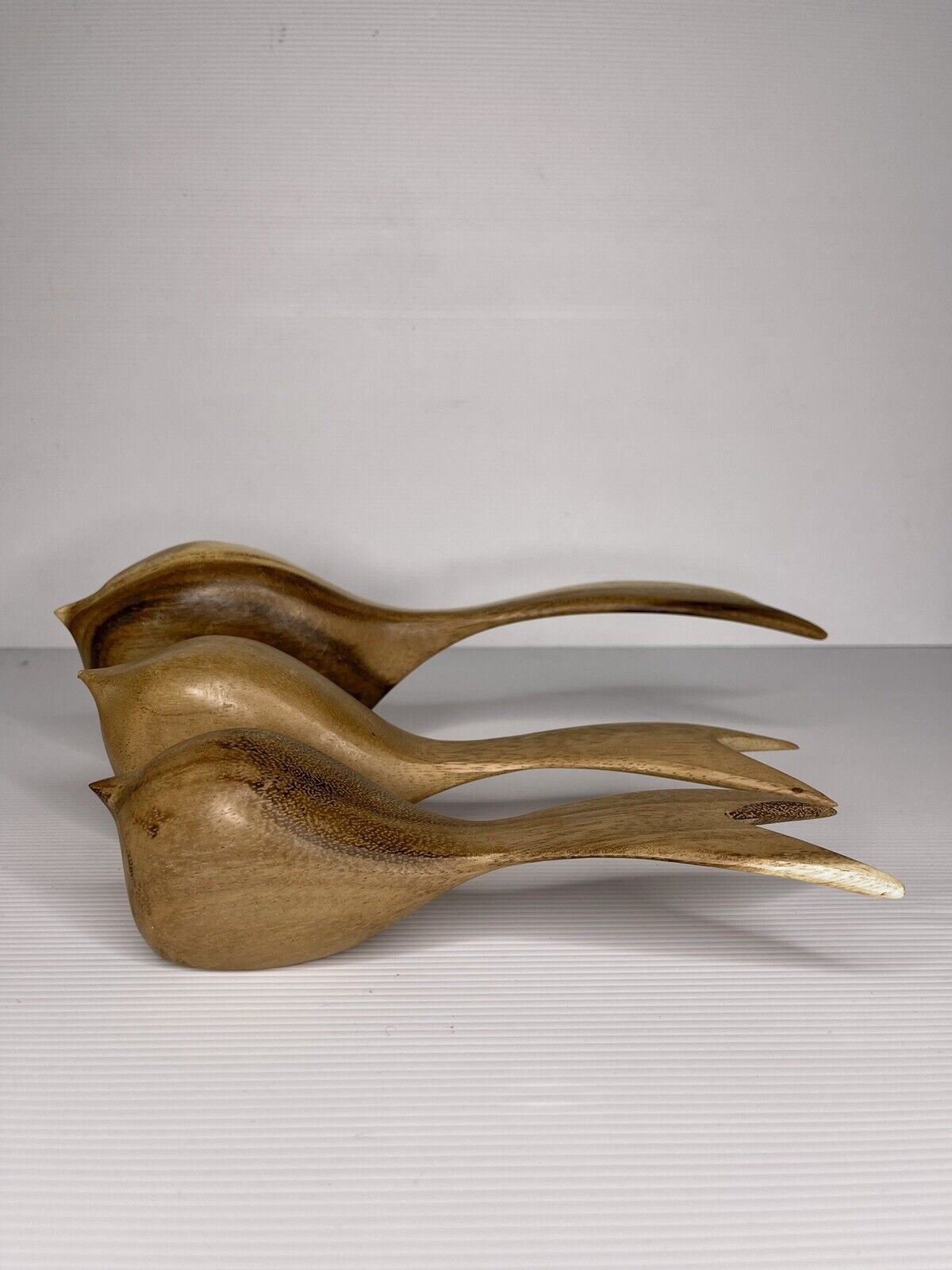 Vintage Mid-Century Modern Teak Bird Carved Wood Decorative Figure Set Of 3