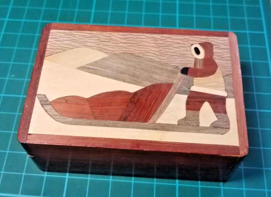 Vintage Small Wooden Marquetry Hand Crafted Jewelry Trinket Box Sledding Scene