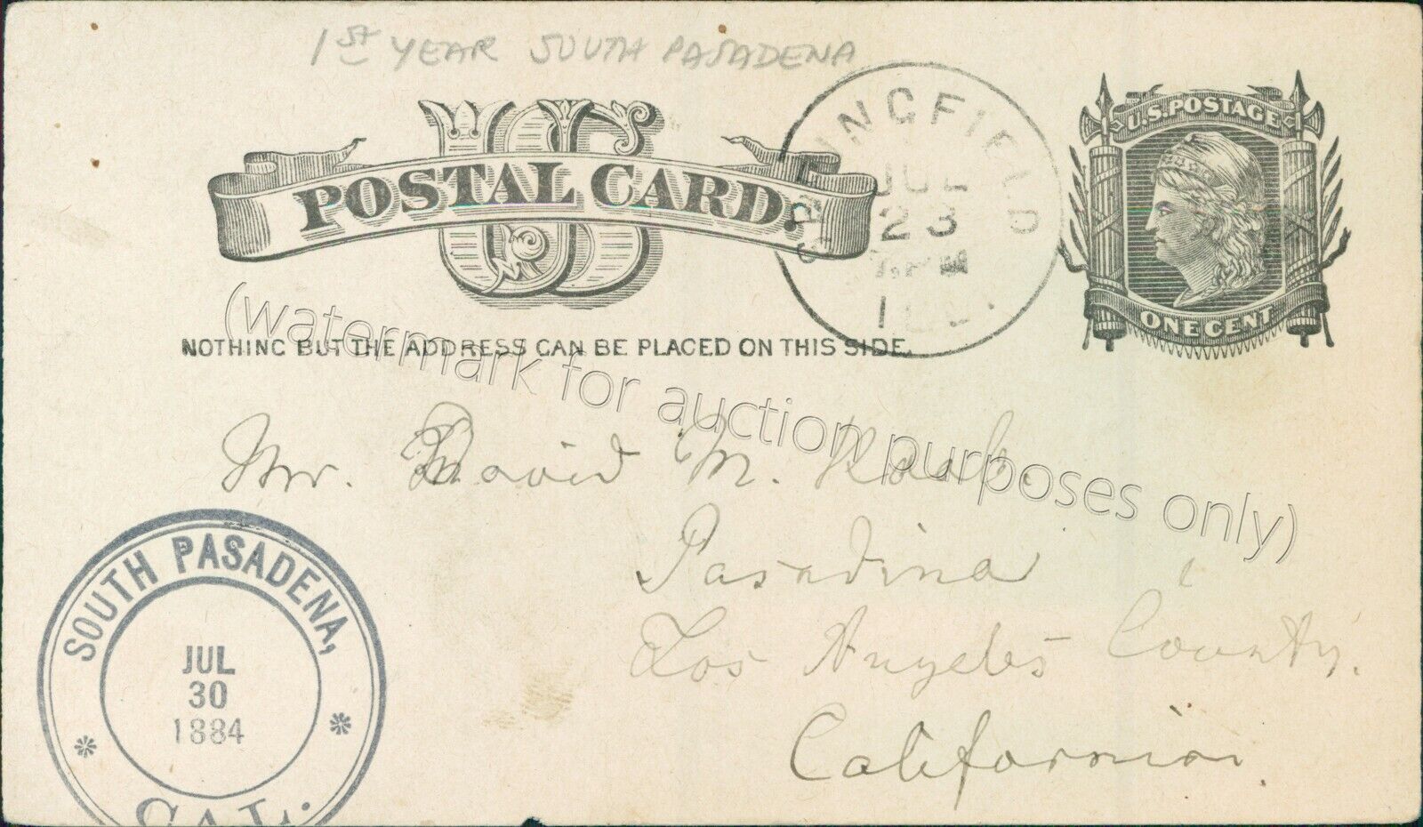 Pasadena, California - 1884 Preprinted 1 Cent Liberty Stamp - Early CA Postcard
