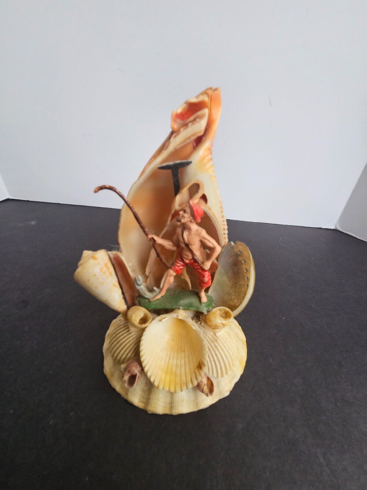 Vintage Kitsch Seashell Art with Fisherman Authentic Shells Souvenir