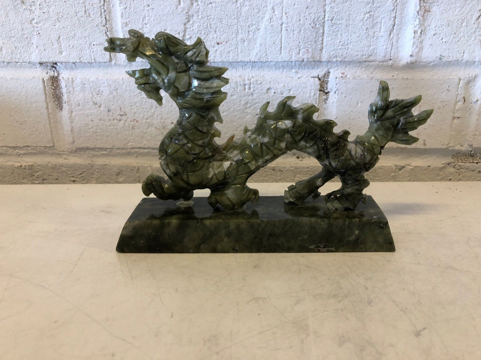 Vintage Possibly Antique Soapstone Green Dragon Statue on Base