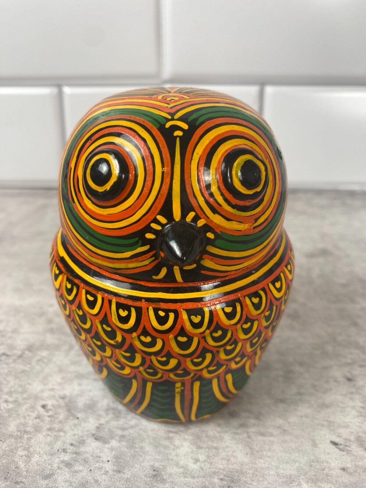Vintage Burmese Lacquerware Decorative Owl Trinket Box Jewelry Jar Hand Painted