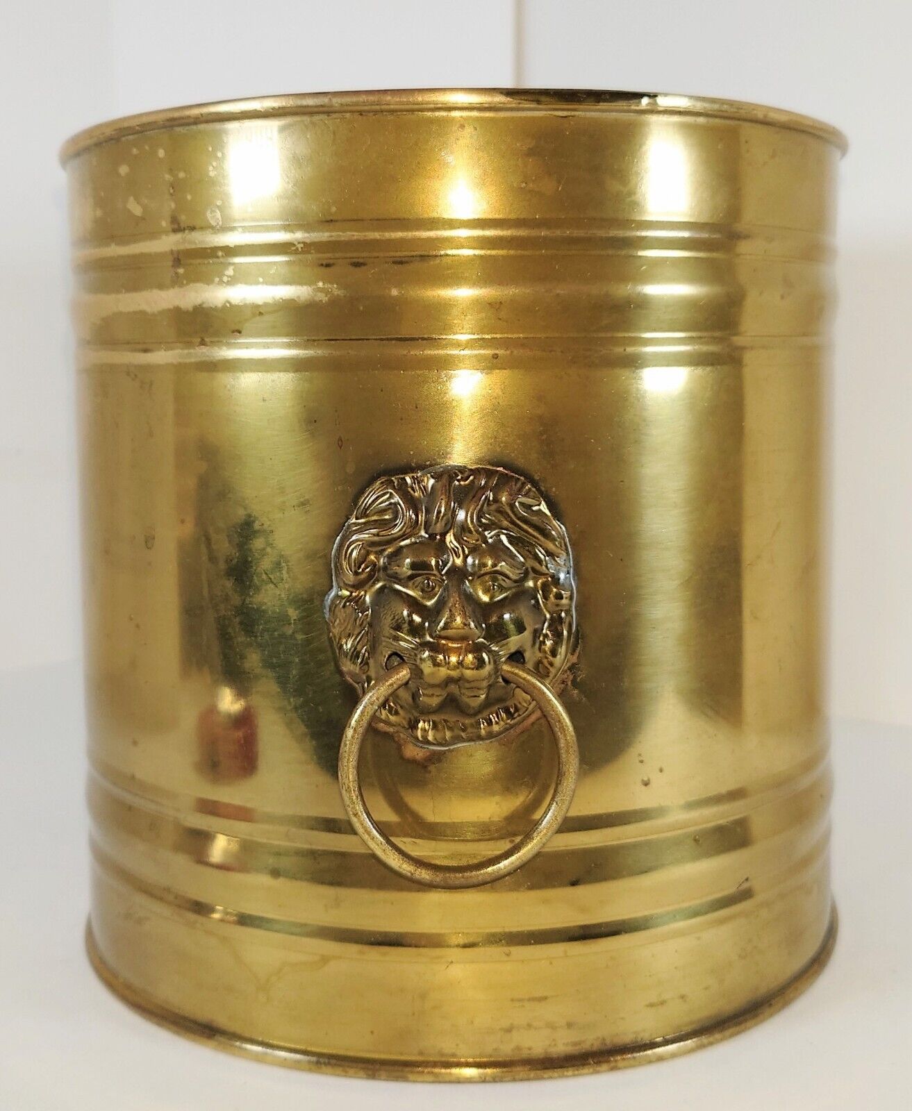 Vintage Solid brass Planter/Bucket LION HEAD Ornate- England- 7.5 X7 