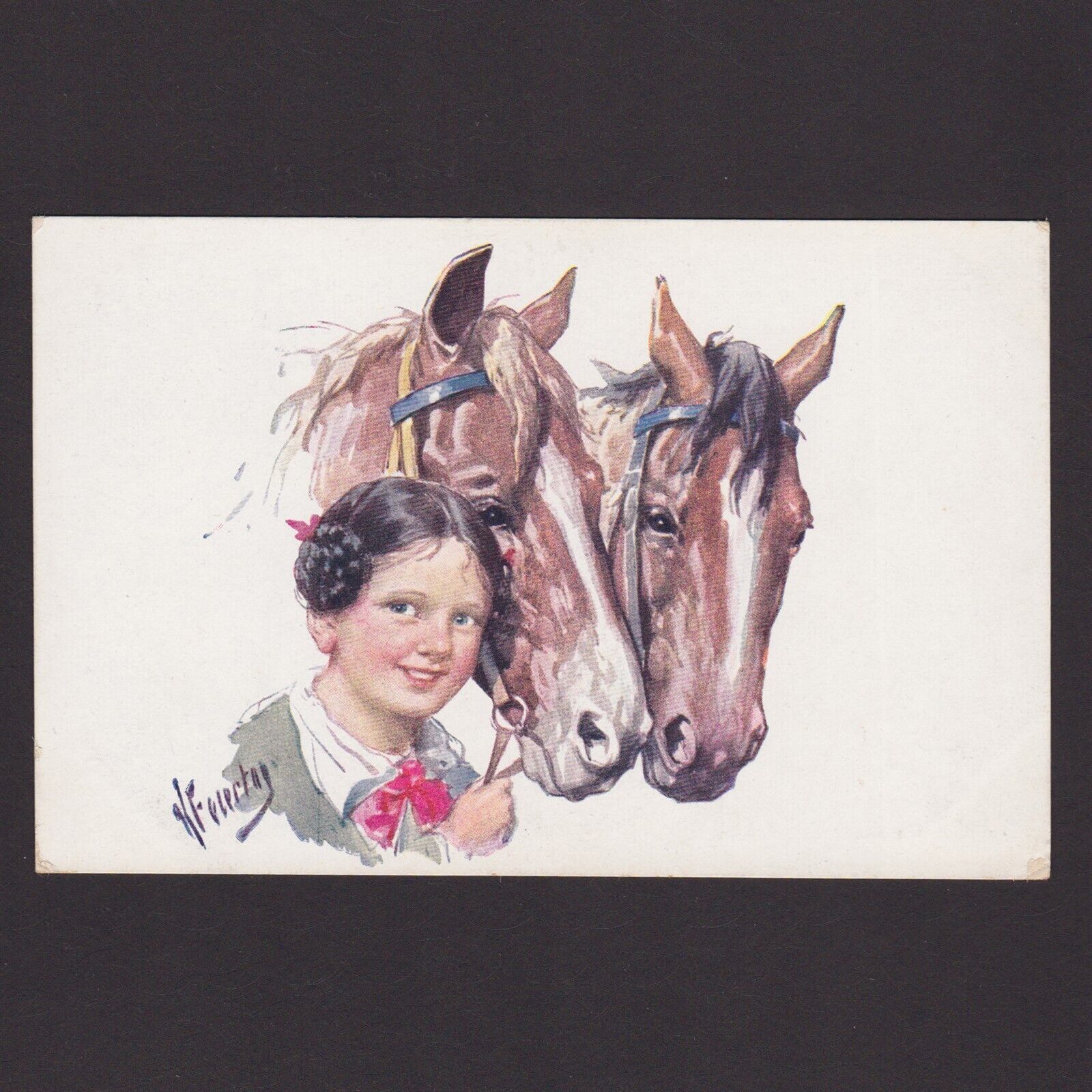 Vintage postcard, Girl with horses, Unposted